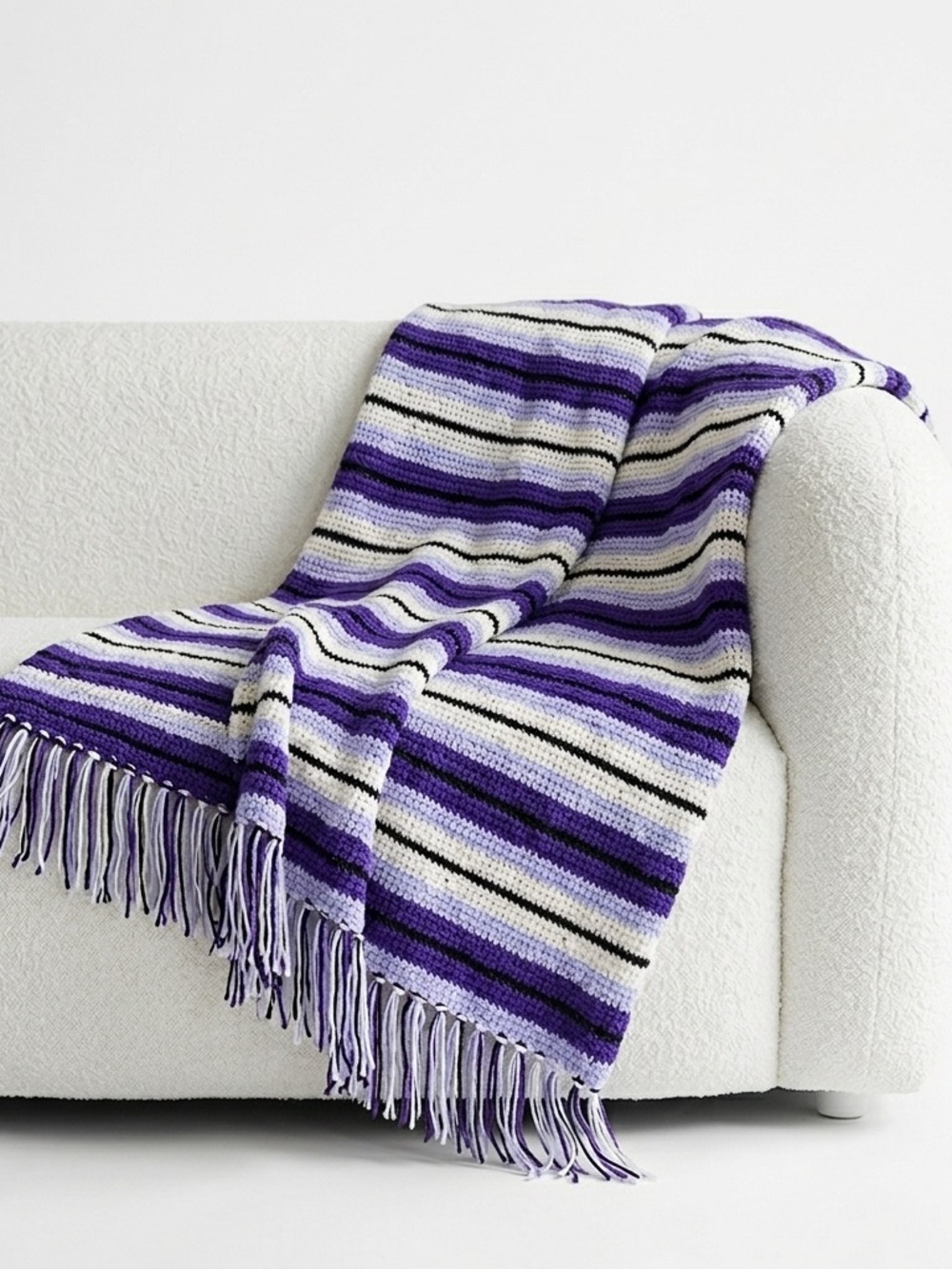 Handmade Throw Blanket Purple Striped Crochet Boho Fringe 50x52